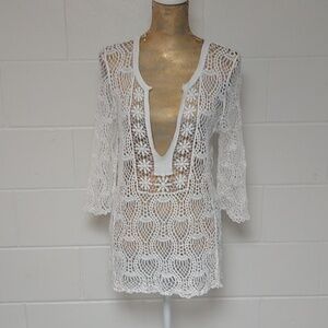 CB OPEN COTTON CROCHET, DEEP V, LONG TUNIC, BOHO COVER UP SWEATER